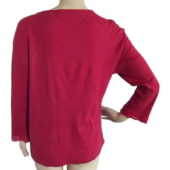 Basic Editions T-shirt Womens Size Small Red Ribbed Knit V-neck Crochet Trim top - Picture 8 of 9